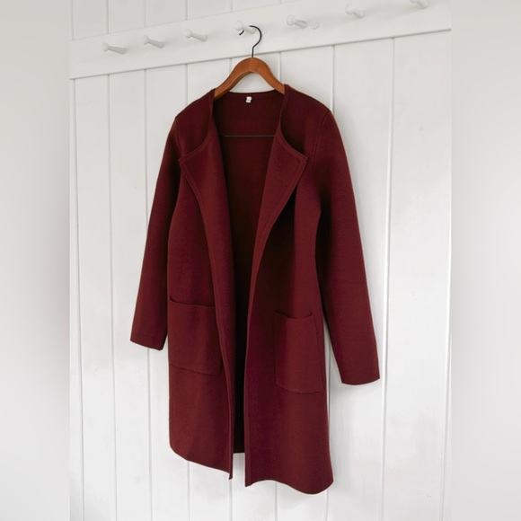 Maroon Burgundy Cardigan Lapel Sweater Long Line Minimal Women Medium M Pockets - Picture 5 of 12